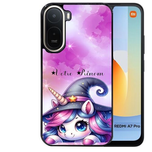 Coque noire pour Redmi A7 PRO motif licorne magic avec prenom