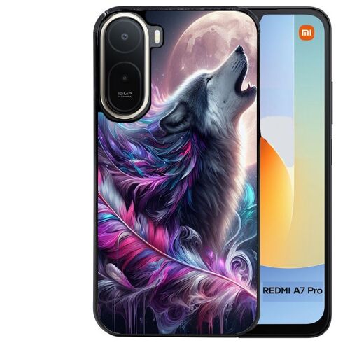 Coque noire pour Redmi A7 PRO loup et plume