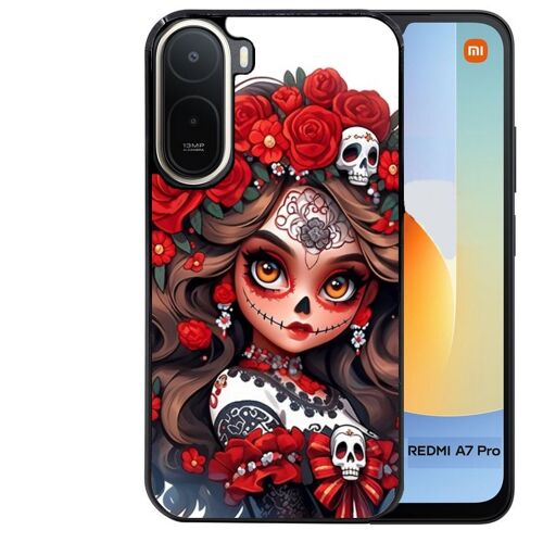 Coque noire pour Redmi A7 PRO tete de mort calavera rouge