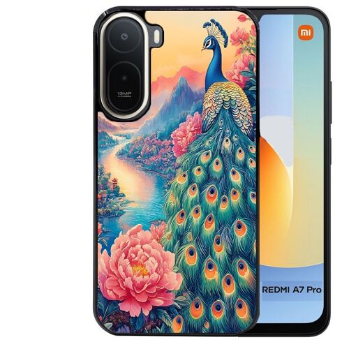 Coque noire pour Redmi A7 PRO motif paon japan