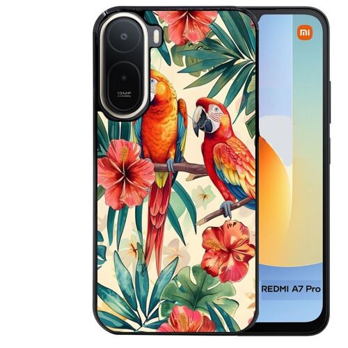 Coque noire pour Redmi A7 PRO perroquet et fleurs