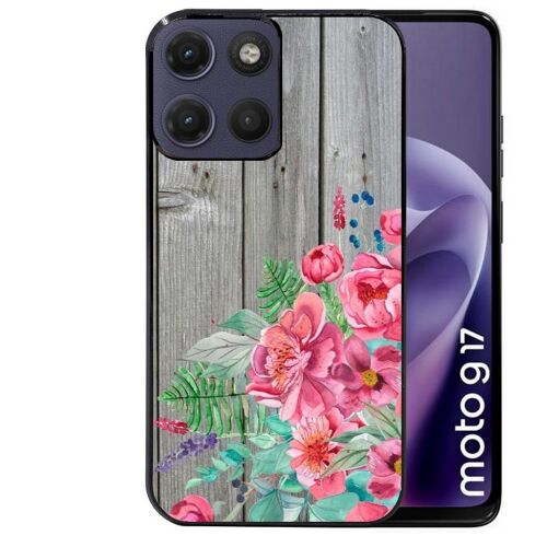 Coque noire pour MOTO G17 et G17 POWER bois gris fleur rose