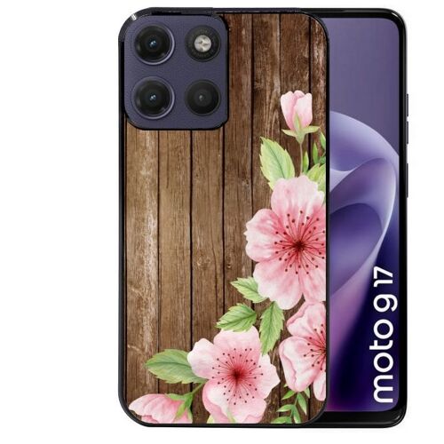 Coque noire pour MOTO G17 et G17 POWER bois fleur rose