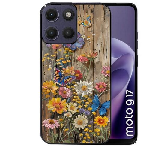Coque noire pour MOTO G17 et G17 POWER motif bois et papillon 1