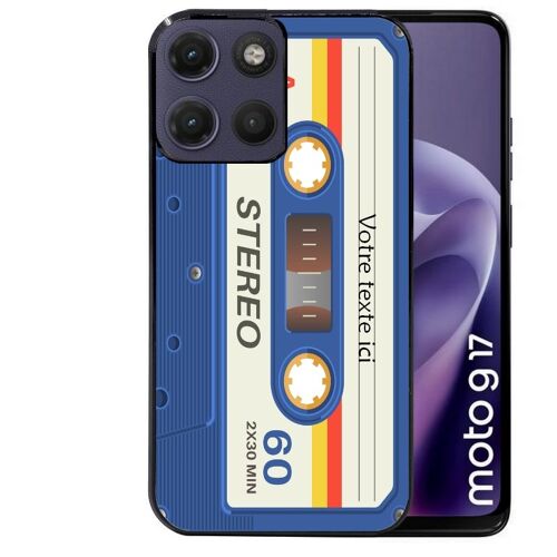 Coque noire pour MOTO G17 et G17 POWER cassette bleu avec votre texte