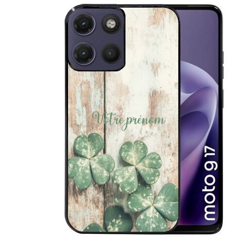 Coque noire pour MOTO G17 et G17 POWER motif bois et trefle personnalisee