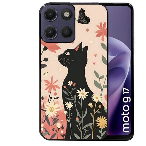 Coque noire pour MOTO G17 et G17 POWER motif chat papillon 1