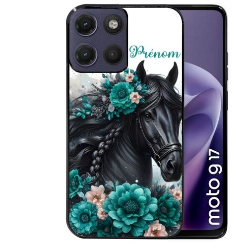 Coque noire pour MOTO G17 et G17 POWER motif cheval et fleurs personnalisee