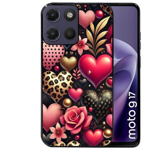 Coque noire pour MOTO G17 et G17 POWER motif coeur et leopard