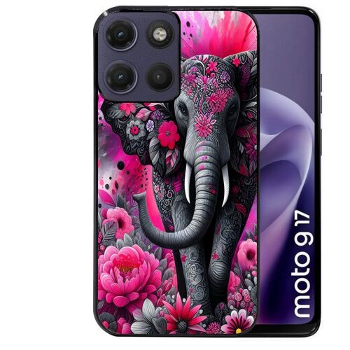 Coque noire pour MOTO G17 et G17 POWER motif elephant et fleurs