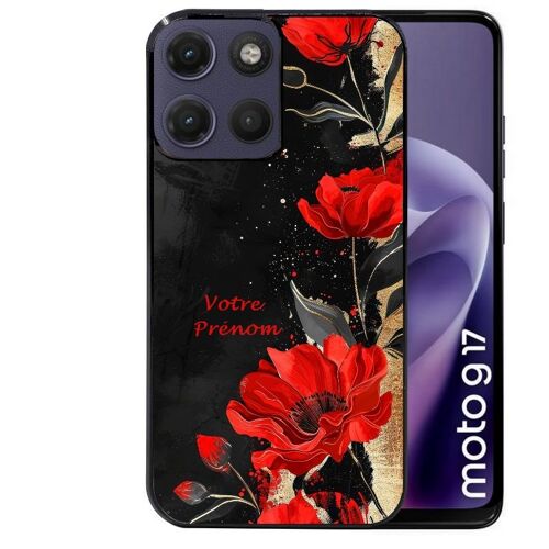 Coque noire pour MOTO G17 et G17 POWER motif fleur rouge avec prenom