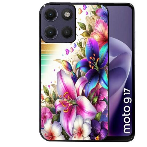 Coque noire pour MOTO G17 et G17 POWER motif fleur fluo
