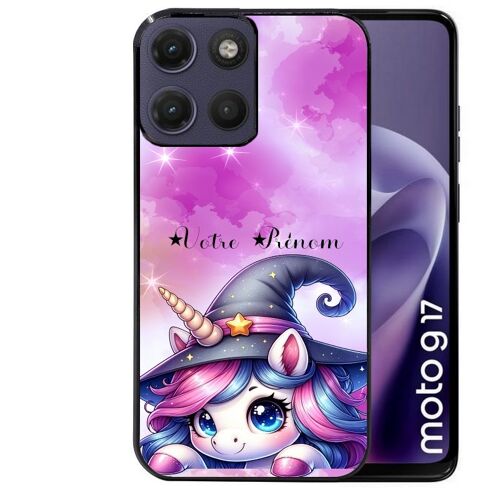 Coque noire pour MOTO G17 et G17 POWER motif licorne magic avec prenom