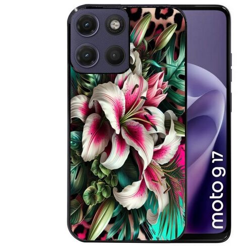 Coque noire pour MOTO G17 et G17 POWER motif leopard hibiscus