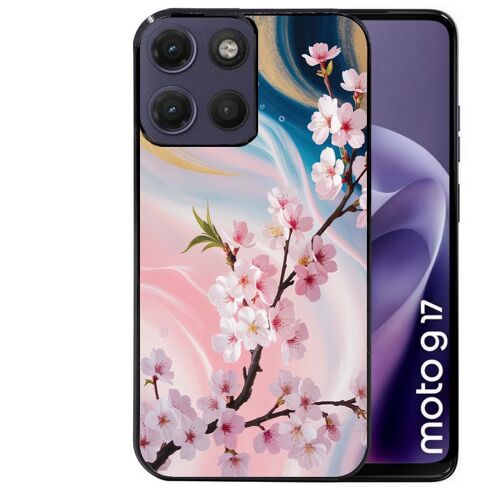 Coque noire pour MOTO G17 et G17 POWER marbre fleur cerisier