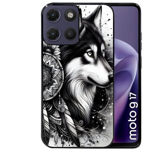 Coque noire pour MOTO G17 et G17 POWER loup dreamcatcher