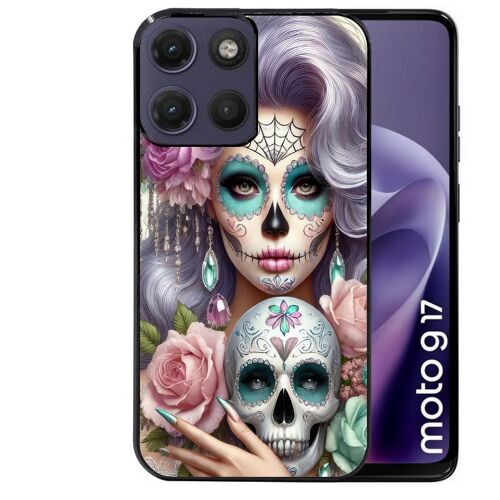 Coque noire pour MOTO G17 et G17 POWER tete de mort calavera bijoux