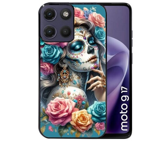 Coque noire pour MOTO G17 et G17 POWER tete de mort calavera bleu