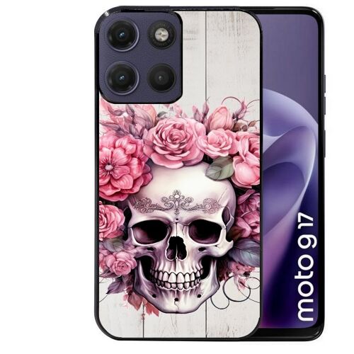 Coque noire pour MOTO G17 et G17 POWER motif tete de mort floral