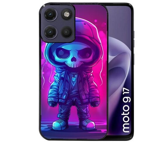 Coque noire pour MOTO G17 et G17 POWER tete de mort skull fluo