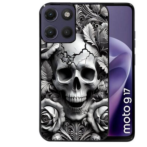 Coque noire pour MOTO G17 et G17 POWER motif tete de mort fleur