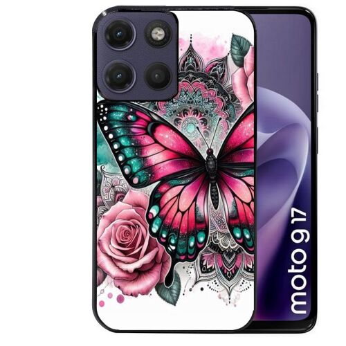 Coque noire pour MOTO G17 et G17 POWER papillon rose