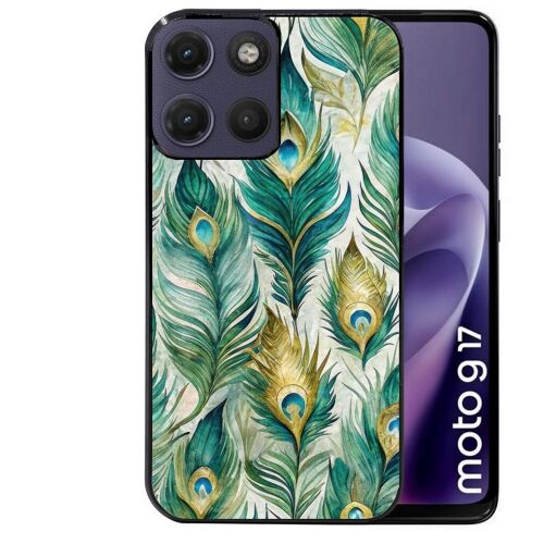 Coque noire pour MOTO G17 et G17 POWER motif paon plumes