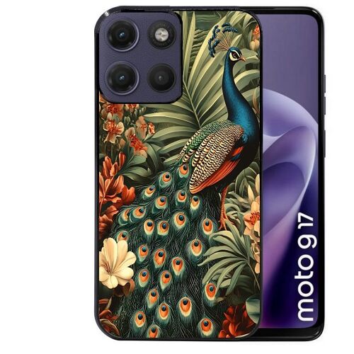 Coque noire pour MOTO G17 et G17 POWER motif paon tropical