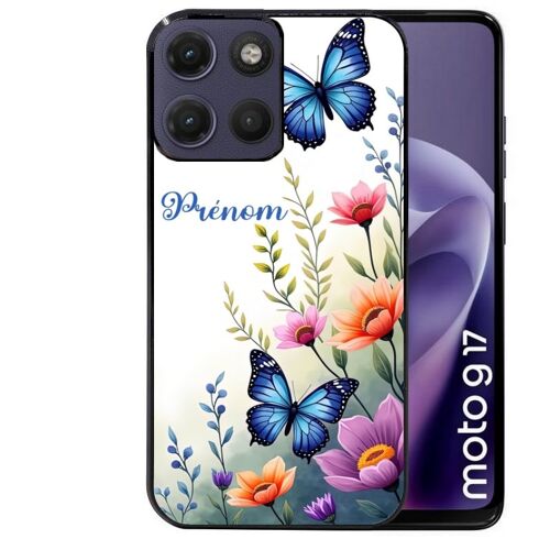 Coque noire pour MOTO G17 et G17 POWER motif papillon prenom personnalisee