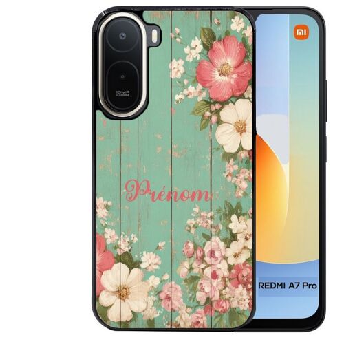 Coque noire pour Redmi A7 PRO motif bois et fleur prenom