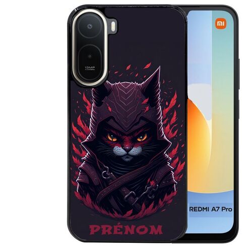 Coque noire pour Redmi A7 PRO motif chat samourai personnalisee