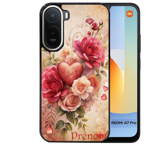Coque noire pour Redmi A7 PRO motif coeur et fleur personnalisee