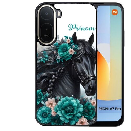 Coque noire pour Redmi A7 PRO motif cheval et fleurs personnalisee