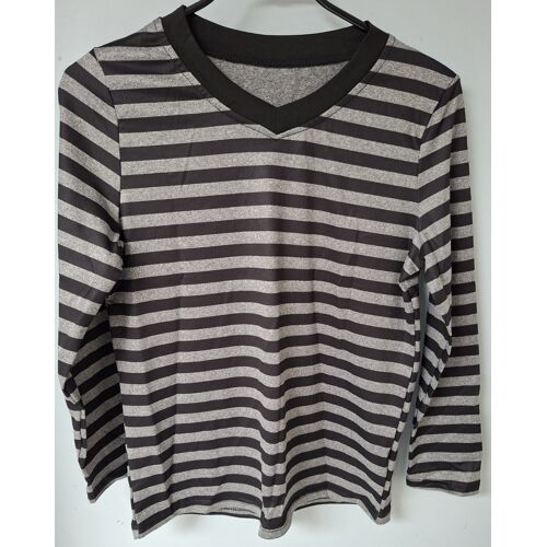 T-Shirt À Manches Longues Col V Rayé Noir Et Gris - 10 Ans