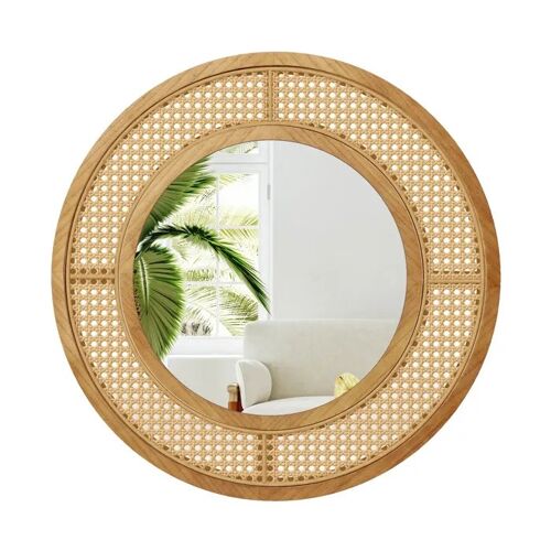 COSTWAY Miroir Mural Rond en Rotin, Cadre en Bois de 65 cm, Verre en Aluminium, Miroir Décoratif pour Salon Chambre Entrée, Naturel