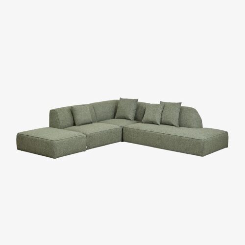 Canapé d'angle modulaire Cardea 3 pièces avec méridienne droite et pouf rembourré