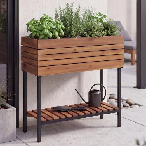 Jardinière Sur Pied Hwc-P84, Bac À Fleurs, Jardinière, Pot De Fleurs, Meuble De Rangement D'extérieur En Bois D'acacia Mvg 79 X 80 X 31 Cm   Marron Clair