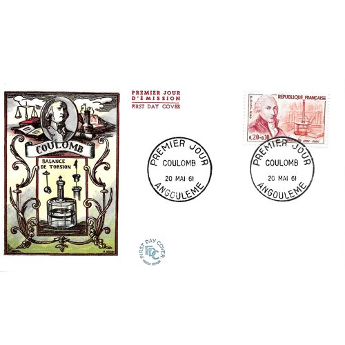 France 1961, Belle Enveloppe 1er Jour, Timbre Yvert 1297, Coulomb, Physicien Français, Belle Illustration Couleur Relief De La Balance De Torsion, Cachet D'Angoulème.
