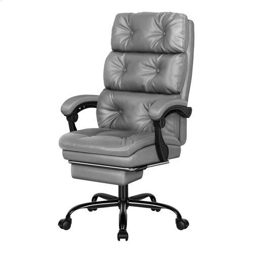 ALFORDSON Chaise de bureau, chaise d'ordinateur avec repose-pieds, dossier haut en maille à trois coussins, inclinable à 150°, revêtement en cuir PU, Gris
