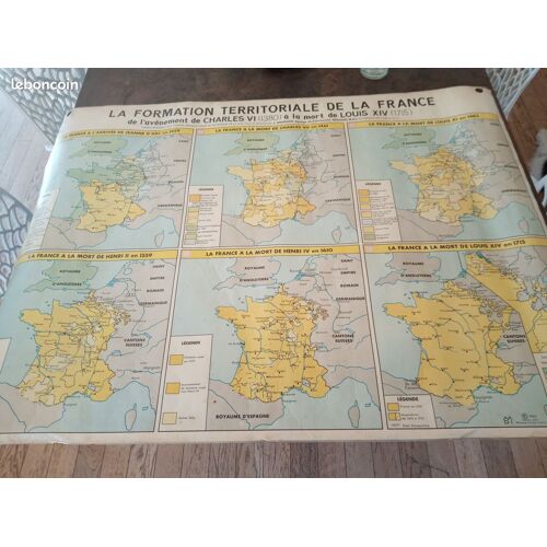 Ancienne Carte D'école Mdi La Formation Territoriale De La France Plastifié D'époque 125 Cm Par 92 Cm