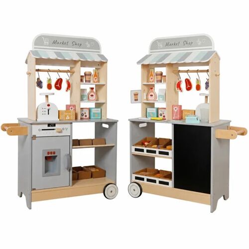Magasin et Cuisine en Bois 2 en 1 GINGER HOME pour Enfants, Étagères, Tableau Noir et Accessoires, 60/73 x 29,5 x 105 cm