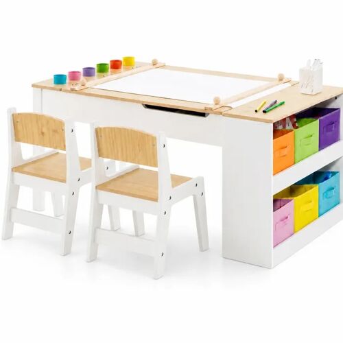 Table Enfant 3 en 1 en Bois GINGER HOME avec 2 Chaises, Tableau à Dessiner, Organisateur et Rouleau de Papier, 109 x 60 x 55 cm