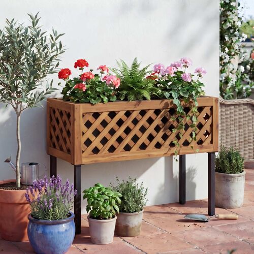 Jardinière Sur Pied Hwc-P86, Bac À Fleurs/Plantes, Pour L'intérieur Et L'extérieur, En Bois D'acacia Certifié Mvg, 59 X 82 X 32 Cm   Marron