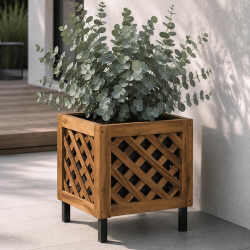 Jardinière Hwc-P86, Bac À Fleurs, Pour L'intérieur Et L'extérieur, En Bois D'acacia Certifié Mvg, 42 X 34 X 34 Cm   Marron