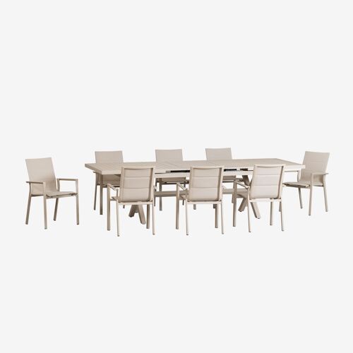 Set De Table Rectangulaire Extensible 240-300x100 Cm Et 8 Chaises De Jardin Empilables Avec Accoudoirs En Aluminium Karena Tapioca Beige