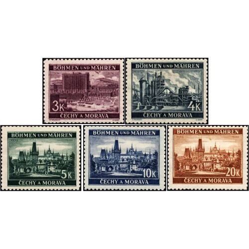 Tchécoslovaquie, Occupation Allemande, Bohème Moravie 1940, Beaux Timbres Neufs* Yvert 33 À 37, Sites Industriels De Zlin Et Moravska Ostrava, Et Vues De Prague.