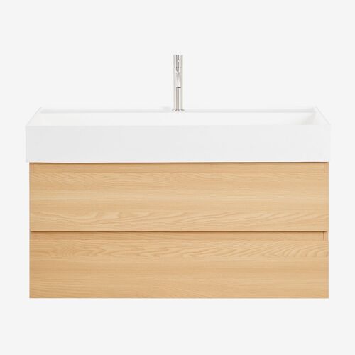 Ensemble de meuble de salle de bain suspendu en bois et placage de frêne avec lavabo intégré Ona