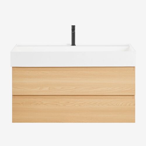 Ensemble de meuble de salle de bain suspendu en bois et placage de frêne avec lavabo intégré Ona