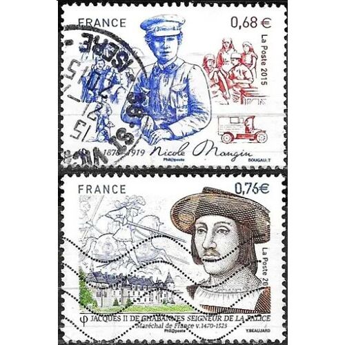 France 2015, Beau Timbre Yvert 4936, Nicole Mangin, 1ère Femme Médecin Militaire Et 4955, Jacques 2 De Chabannes, Seigneur De La Palice, Et Frise De La Bataille De Marignan, Oblitérés, Tbe.