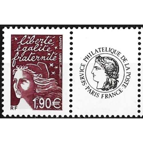 France 2003, Très Beau Timbre Neuf** Luxe Yvert 3575a, Marianne De Luquet, Ou Du 14 Juillet, 1.90 Euro Brun Prune Avec Vignette Cérès - Service Philatélique De La Poste.